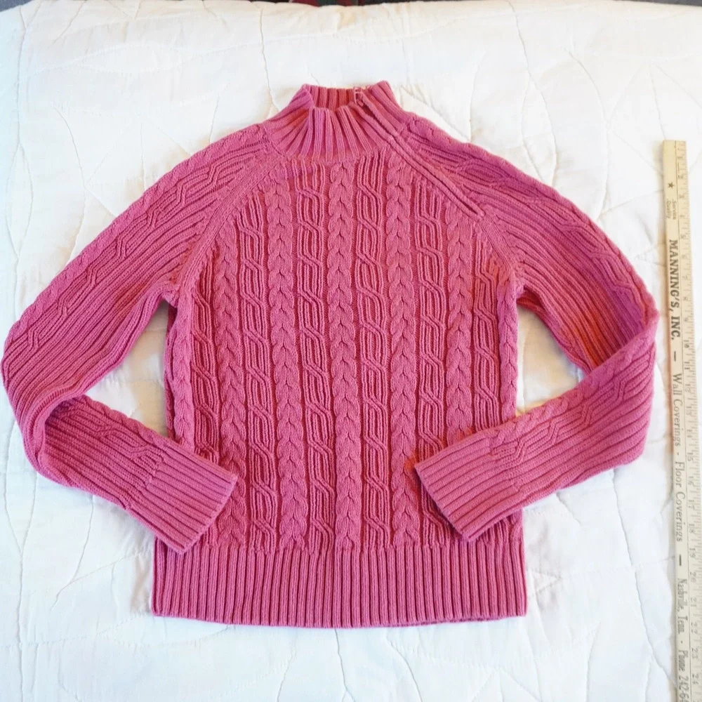 VTG Pink Cable Knit Mock Zip Neck Sweater Size‎ S Cotton Fisherman Chunky
